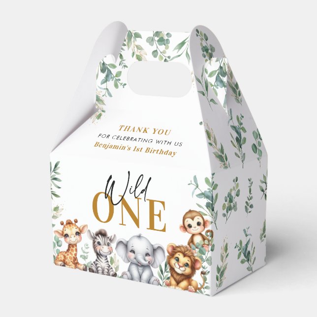Wild One Safari Jungle Animals 1st Birthday Favour Box (Front Side)