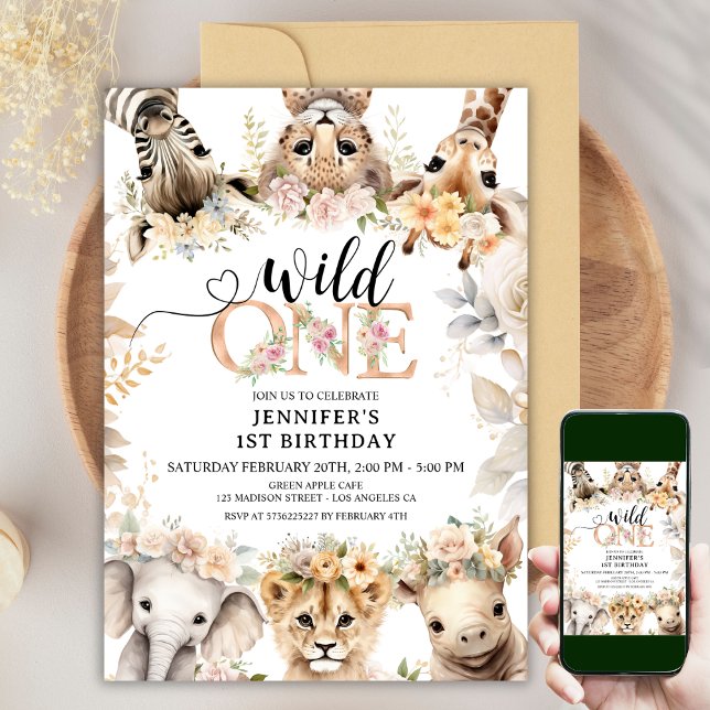 Wild ONE | Safari Jungle Animals 1st Birthday Girl Invitation (Creator Uploaded)