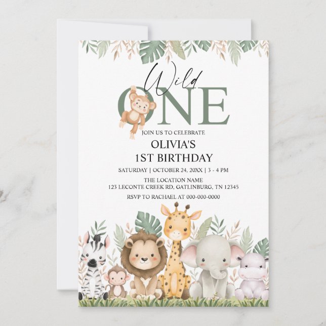 Wild One Safari Jungle Animals 1st Birthday Invitation (Front)