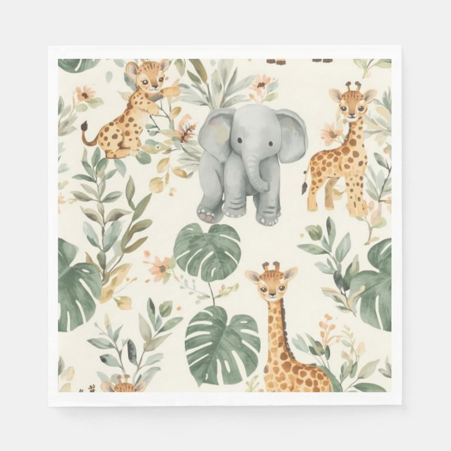 Wild One Safari Jungle Animals 1st Birthday Paper Napkin (Front)