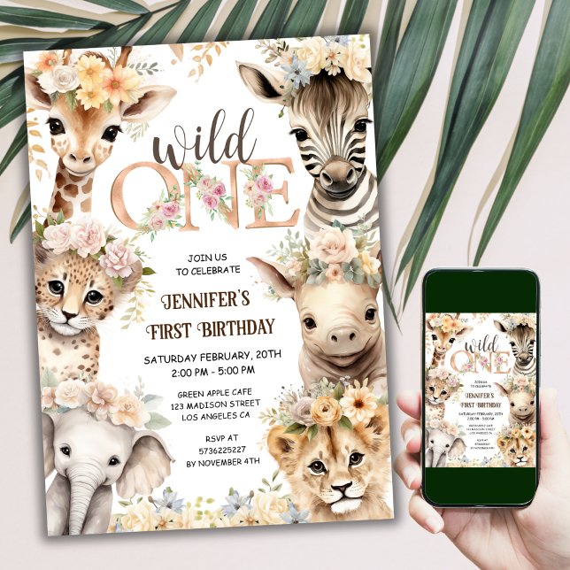 Wild One Safari Jungle Animals Girl 1st Birthday Invitation (Creator Uploaded)