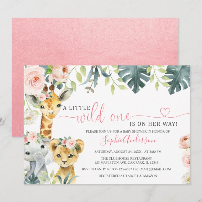 Wild one safari jungle animals girl baby shower in invitation (Front/Back)