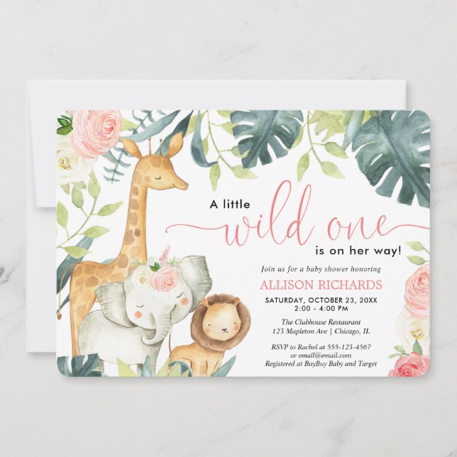 Wild one safari jungle animals girl baby shower invitation (Front)