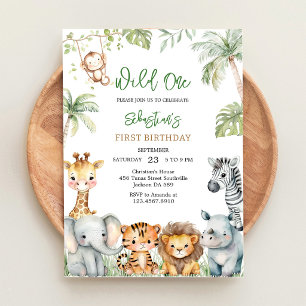Wild One Safari Jungle Animals Kids Birthday Invitation