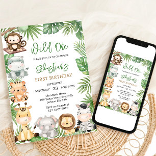 Wild One Safari Jungle Animals Kids Birthday Invitation