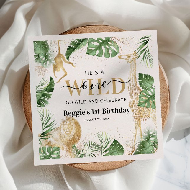 Wild One Safari Jungle Green & Gold 1st Birthday Napkin (Creator Uploaded)