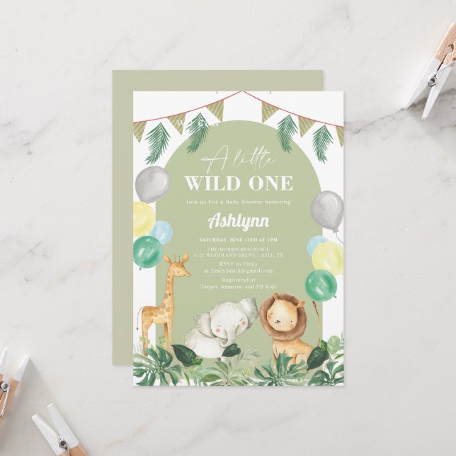 Wild One Safari Jungle Greenery Boy Baby Shower Invitation (Front/Back In Situ)