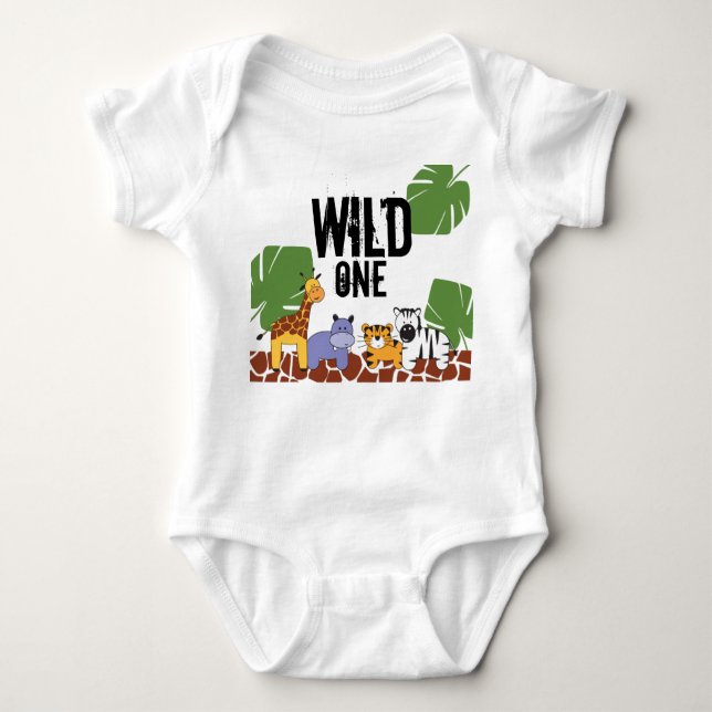 "WILD ONE" Safari, Jungle Theme First Birthday Baby Bodysuit (Front)