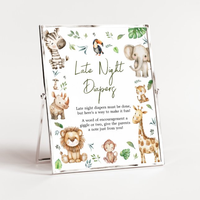 Wild One Safari Late Night Diapers Baby Shower Poster (Little Wild One Safari Animals Baby Shower Late Night Diapers Sign)