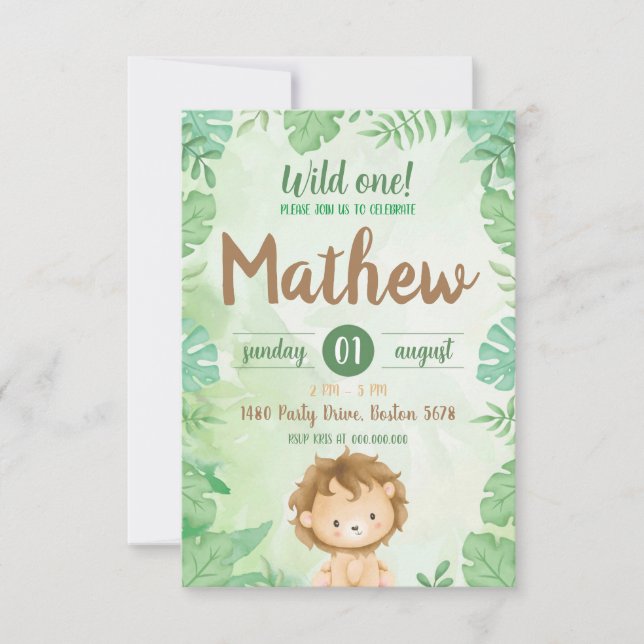 Wild One Safari Lion Invitation (Front)