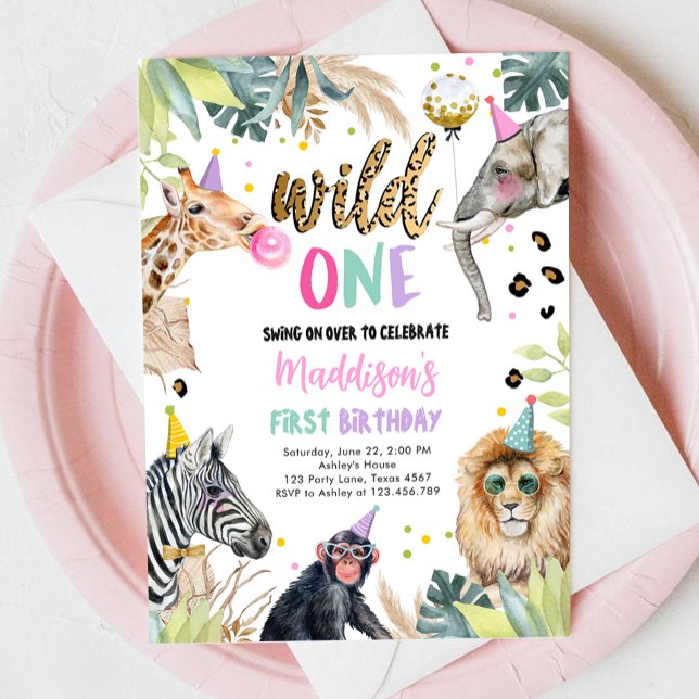 Wild One Safari Party Animals Girl First Birthday Invitation (Creator Uploaded)