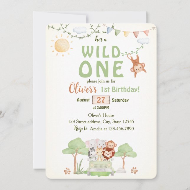 Wild One Safari Photo First Birthday Invitation (Front)