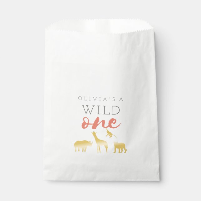 Wild One Safari Pink and Gold 1st Birthday Favour Bags (Front)