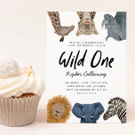 Wild One Safari Theme First Birthday Party Invitation<br><div class="desc">Cute and fun kid's first birthday party invitation featuring illustration of safari animals of giraffe,  snow leopard,  rhino,  lion,  elephant,  and zebra. The text says "Wild One." Perfect for a boy's 1st birthday party.</div>
