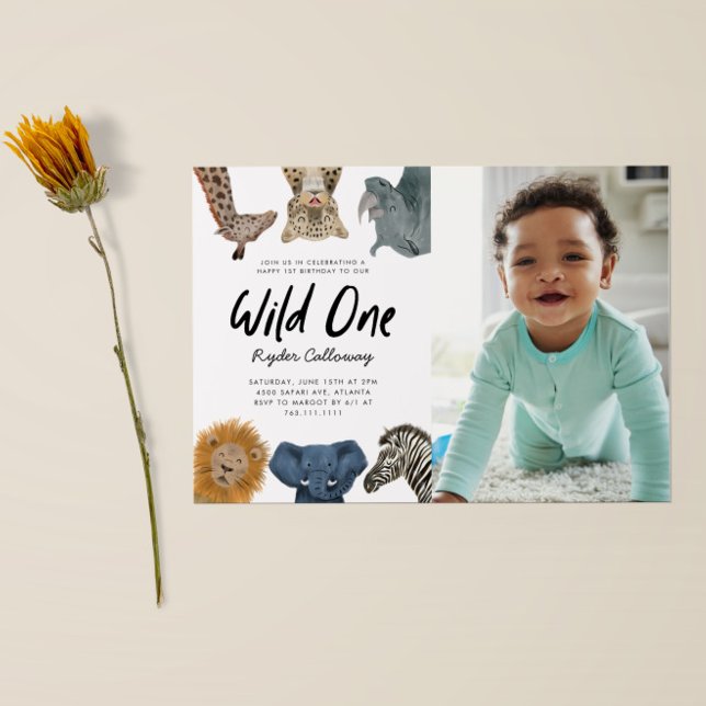 Wild One Safari Theme First Birthday Party Photo Invitation (Creator Uploaded)
