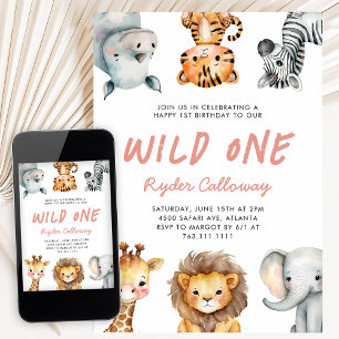 Wild One Safari Theme Girl's First Birthday Party Invitation