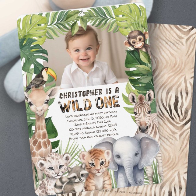 Wild one Safari themed 1st birthday photo Invitation (Wild one, boy 1st birthday photo invitation.)