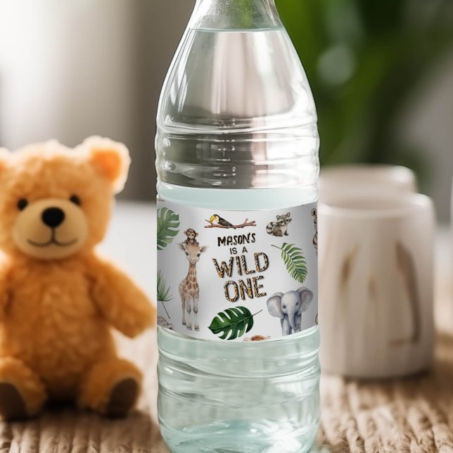 Wild One Safari Themed baby boy 1st birthday  Water Bottle Label (Creator Uploaded)