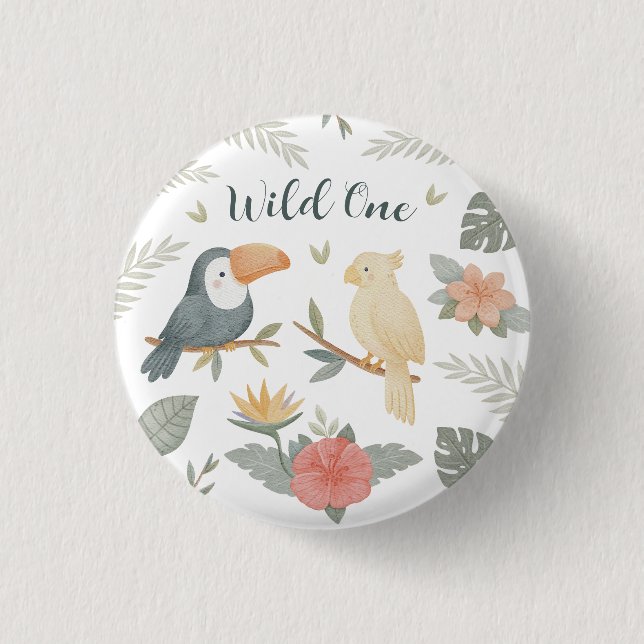Wild One Safari Tropical Birthday Button Pin (Front)
