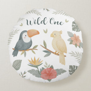 Wild One Safari Tropical Birthday Round Pillow