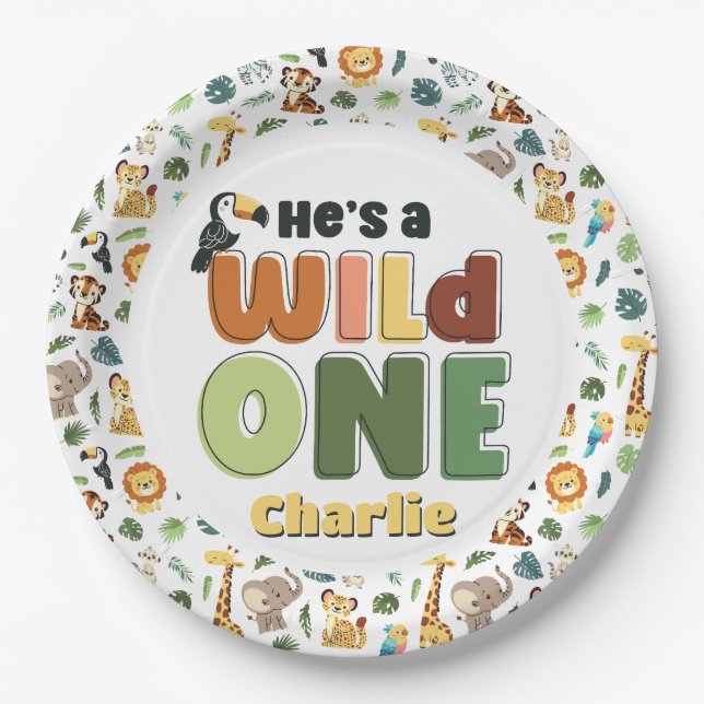 Wild One Safari Zoo Animal Birthday Party Paper Plate (Front)