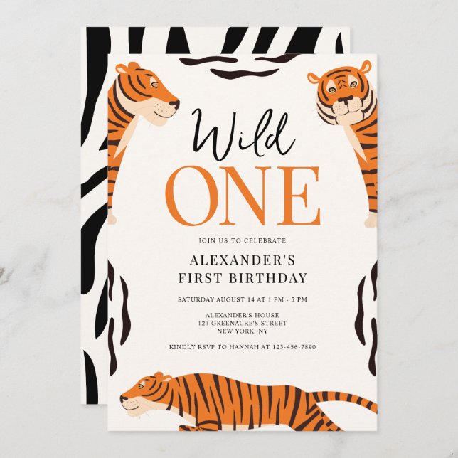 Wild One Tiger 1st Birthday Party Invitation (Front/Back)
