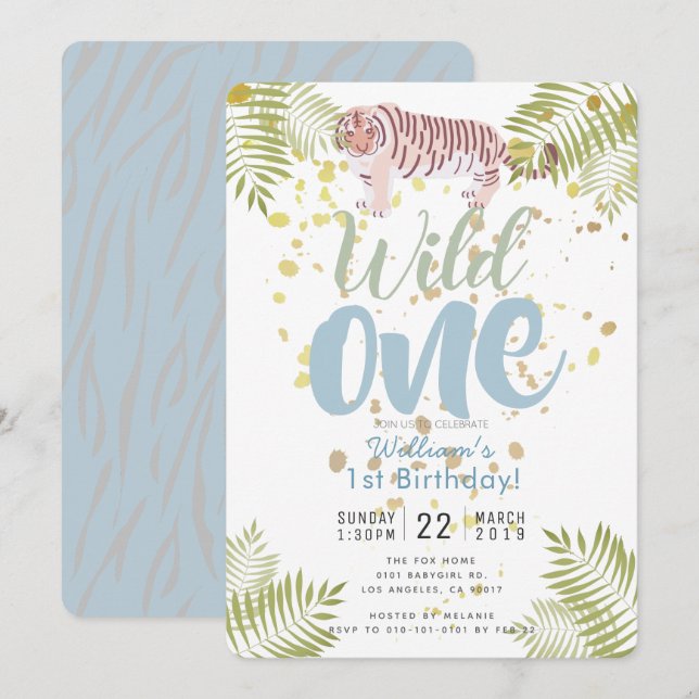 Wild One Tiger Blue Boy 1st Birthday Invitation (Front/Back)
