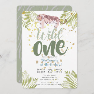 Wild One Tiger Khaki Green 1st Birthday Invitation