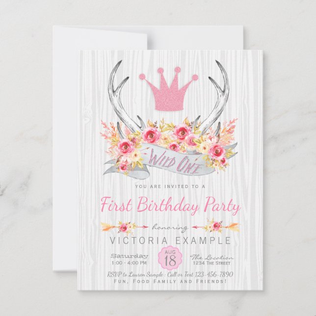 Wild One Tribal Antler Boho Princess  Invitation (Front)