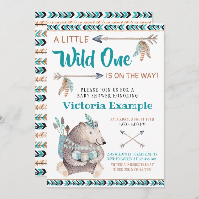 Wild One Tribal Bear Baby Shower Invitations (Front/Back)