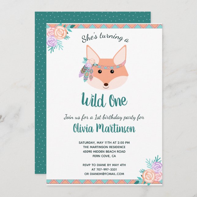 Wild One Tribal Boho Aztec Girl 1st Birthday Party Invitation (Front/Back)