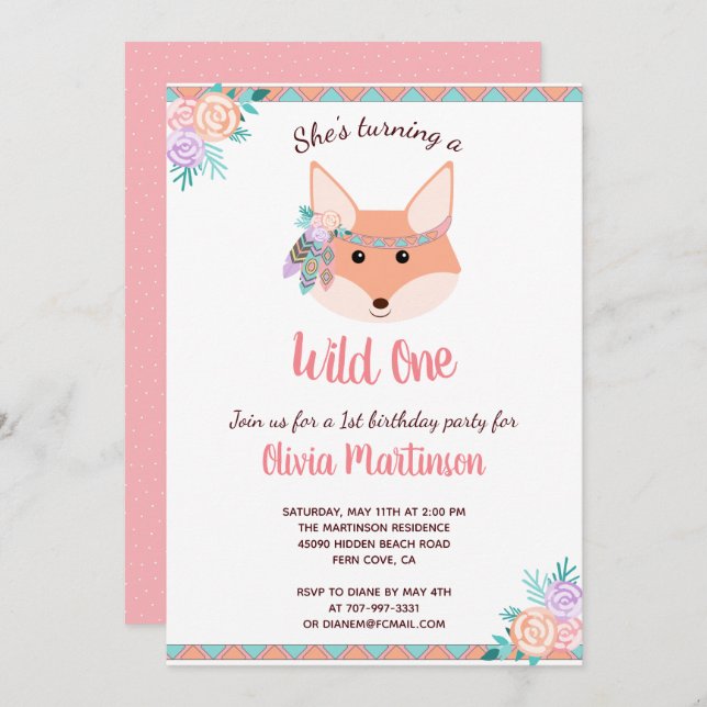 Wild One Tribal Boho Aztec Pink 1st Birthday Party Invitation (Front/Back)