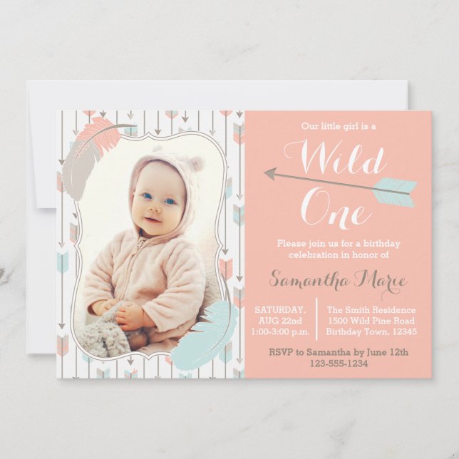 Wild One Tribal Girl First Birthday Pink Photo Invitation (Front)