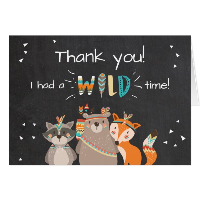 Wild One Tribal Woodland Animals Thank You Card (Front Horizontal)