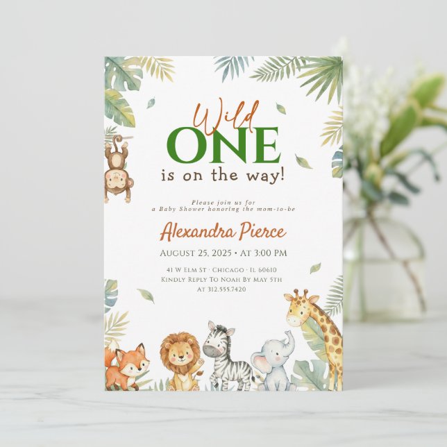 Wild One Tropical Greenery Baby Shower Invitation (Standing Front)