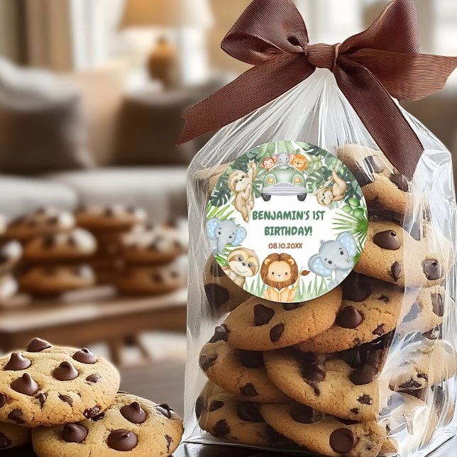 Wild One Tropical Jungle Animals Birthday Classic Round Sticker (Creator Uploaded)