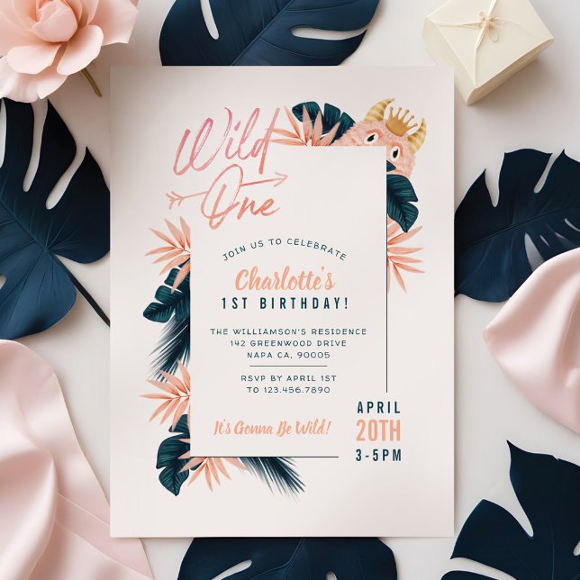 Wild One Tropical Jungle Pink Monster Birthday Invitation (Wild One Tropical Jungle Pink Monster Birthday Invitation)