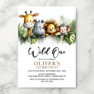 Wild One Tropical Safari Animals 1st Birthday Invitation