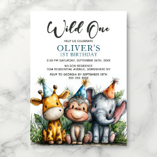 Wild One Tropical Safari Animals 1st Birthday Invitation