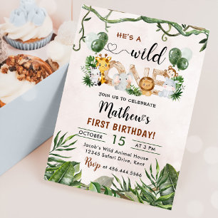 Wild One Tropical Safari First Birthday Invitation