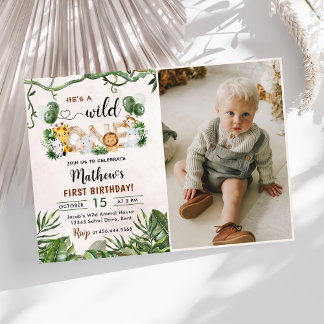 Wild One Tropical Safari First Birthday Photo Invitation