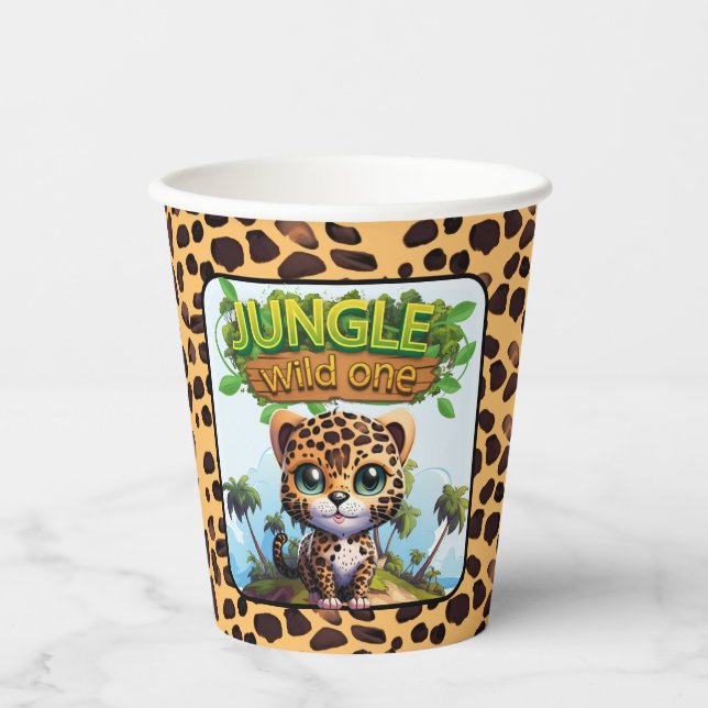 WILD ONE Tropical Safari Leopard Character Cat 🐆 Paper Cups (Front)