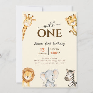 Wild One Watercolor Animal Girl Boy 1st Birthday Invitation