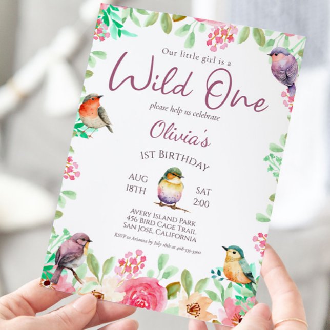 Wild One Watercolor Little Girl Bird 1st Birthday Invitation (Creator Uploaded)