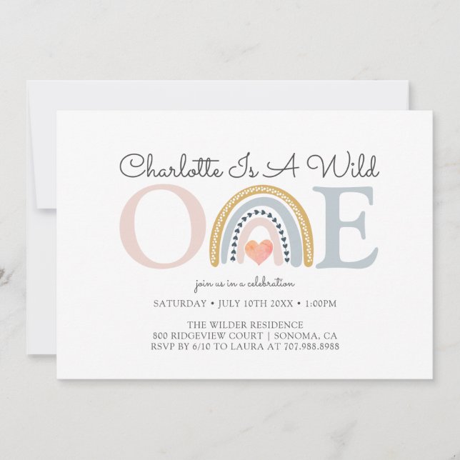 Wild One Watercolor Rainbow Girl's First Birthday  Invitation (Front)