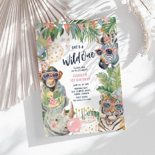 Wild One Watercolor Safari Girl 1st Birthday Invitation