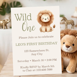 Wild One Watercolor Safari Lion First Birthday Invitation