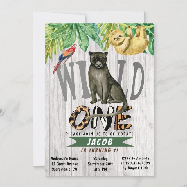 Wild One Watercolor Safari Panther 1st Birthday Invitation (Front)