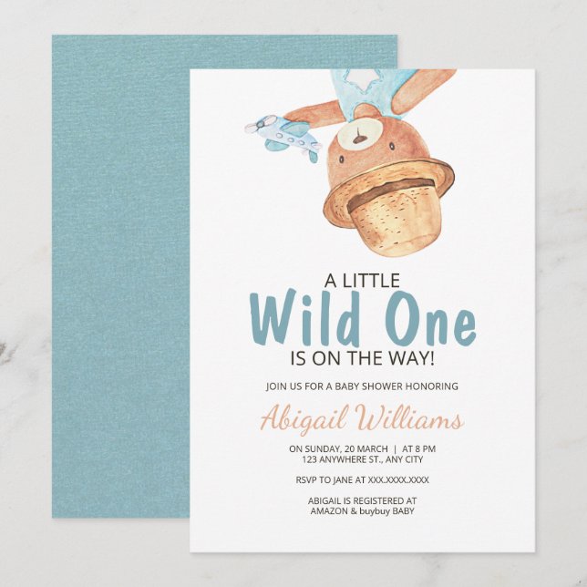 Wild One Watercolor Teddy Bear Baby Shower Invitation (Front/Back)