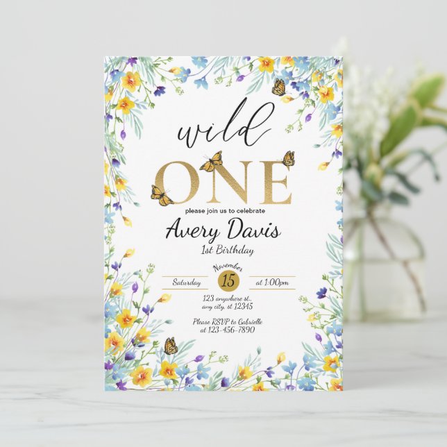 Wild one wild flowers and butterflies Invitation (Standing Front)